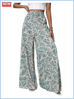 Women's Wide Leg Tropical Print Chiffon Palazzo Pants High Waisted